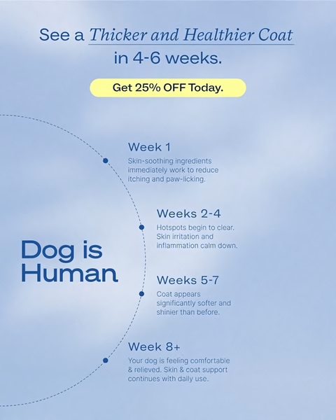 A clean, blue-toned educational ad creative that illustrates the incremental health benefits of a dog supplement over an eight-week period.